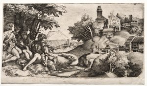 Pasterze w pejzażu, ok. godz. 1517. autorstwa Giulio Campagnola