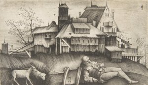 Stary pasterz leżący w krajobrazie, zabudowania za nimi, koza i owca do..., ca. 1500-1515. autorstwa Giulio Campagnola