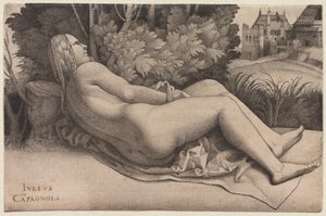 Wenus leżąca w krajobrazie, c.1508-09 autorstwa Giulio Campagnola