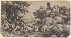 Pasterze w krajobrazie autorstwa Giulio Campagnola and Domenico Campagnola