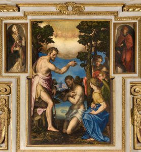 Kaplica Matki Bożej Ludowej, pierwsze przęsło od strony południowej, Giulio Campi, Chrzest Chrystusa 1569, po bokach Sant