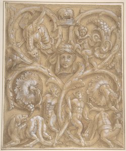 Projekt ozdobnego panelu z Rinceaux, Satyrami, Putti, potworami i ludzką głową, 1535-45. autorstwa Giulio Campi.
