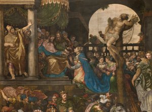 Ściana naprzeciwko przeciwfasady południowego transeptu, Giuseppe Campi, Triumf Mardocheusza 1567, Detal wysoka część autorstwa Giulio Campi