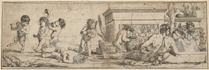 Bachanalia z niemowlęcymi satyrami i puttami po lewej stronie, naga postać mężczyzny spoczywa z przodu..., 1633-78.