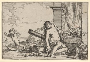 Ogień, reprezentowany przez Wenus siedzącą przed kuźnią Wulkana, ze zbroją, armatą i armatą..., 1640-60.