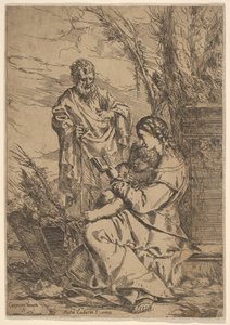 Święta Rodzina z czytaniem Matki Boskiej, Dziewica siedzi z profilu z księgą po lewej..., 1640-60. autorstwa Giulio Carpioni
