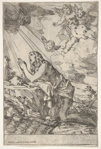 Magdalena pokutująca klęcząca na kamienistej ziemi przed czaszką i kośćmi, maść...,ok. 1640-55.