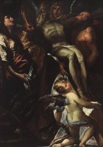 Obniżenie Krzyża ze świętymi Marią Magdaleną, Augustynem, Jerome i aniołami autorstwa Giulio Cesare Procaccini
