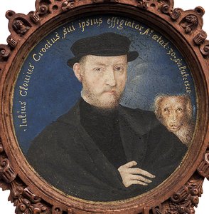 Autoportret z psem, 1528 autorstwa Giulio Clovio