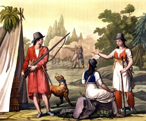 Buccaneers i kobiety bardziej zadziorne: pirat Jack Rackham mówi Red lub John Rackham, lepiej znany jako Calico Jack (? -1720) reprezentowany z Anne Bonny (Bonney) i Mary (Marc) Read w Indiach Zachodnich. Talerz zaczerpnięty z „Stary i współczesny strój” F