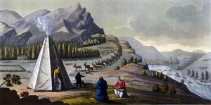 Krajobraz Sami: rdzenni mieszkańcy krajów północnych (Norwegia, Finlandia, Szwecja i Rosja) wyrabiają wiklinowe kosze, czyszczą ryby przy namiocie. w „”Stary i współczesny kostium”” Ferrario, wyd. Mediolan
