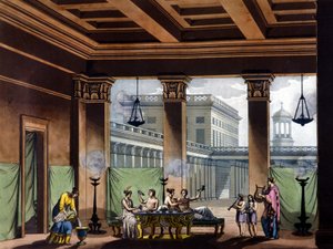 Triclinium zapalił lampy oliwne w starożytnej Grecji: scena bankietowa - w dawnym i współczesnym stroju Julesa Ferrario, wyd. Mediolan