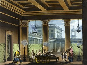 Triclinium oświetlone lampami oliwnymi w starożytnej Grecji: scena bankietowa - w „Stary i współczesny kostium”” Julesa Ferrario, wyd. Mediolan