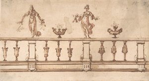 Projekt balustrady z figurami kobiecymi i urnami, XVI-XVII w.