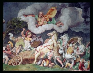Achilles ciągnący ciało Hektora na swoim rydwanie, fragment ze stropu Sala di Troia, ok. 1538 autorstwa Giulio Romano