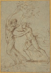 Apollo i Dafne (pióro i brązowy tusz na zielono-niebieskim papierze) autorstwa Giulio Romano