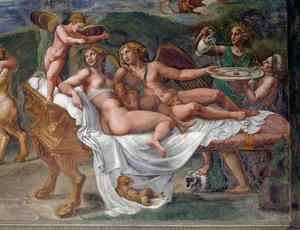 Kupidyn i Psyche z córką Voluptas (Przyjemność) leżące na łóżku, fragment z Uczty weselnej lub Uczty bogów, fresk Giulio Romano (1499-1546), Palazzo Te, Mantua (Lista Światowego Dziedzictwa UNESCO, 2008), Lombardia, Włochy