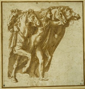 Dawn: Apollo z końmi słońca (pióro i brązowy tusz z praniem na papierze) autorstwa Giulio Romano