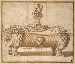Projekt pudełka na słodycze (pióro i brązowy tusz z wash on paper) autorstwa Giulio Romano