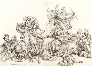 Diomedes, zraniony przez Pandarusa, jest pocieszany przez Pallas Athene autorstwa Giulio Romano