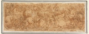 Rysunek, scena bitwy, 1524-46 autorstwa Giulio Romano
