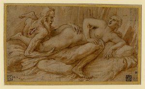 Scena erotyczna par Romano, Giulio (1499-1546), po 1524 - Pióro, pędzel, brązowy tusz indyjski, kolor biały, czarna kreda na papierze