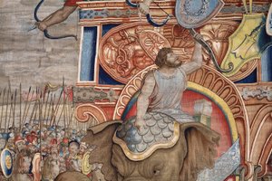 Flamandzki gobelin. Seria Akty Scypiona. Bitwa pod Zamą. Rysownik Giulio Romano. Atelier Balthasara van Vlierdena (?), Bruksela. 1523-1532. Szczegół. autorstwa Giulio Romano