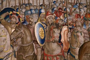 Flamandzki gobelin. Seria Dzieje Scypiona: Bitwa pod Zamą. Rysownik Giulio Romano. Atelier Balthasara van Vlierdena (?), Bruksela. 1523-1532. Szczegół. autorstwa Giulio Romano