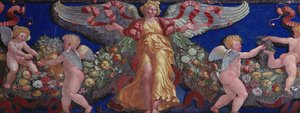Fryz z Camera con Fregio di Amorini Komnata Kupidyna Fryz przedstawiający anioła w złotej sukni z rozpostartymi skrzydłami, fresk z lat 20. XX wieku autorstwa Giulio Romano