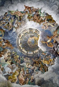 Widok ogólny sufitu Sali Gigantów w Mantui (Palazzo del Te, Mantova): Bogowie Olimpu. Fresk autorstwa Giulio Pippi de