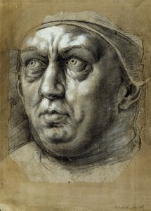 Głowa papieża Leona X (czarno-białe kredy na papierze) autorstwa Giulio Romano
