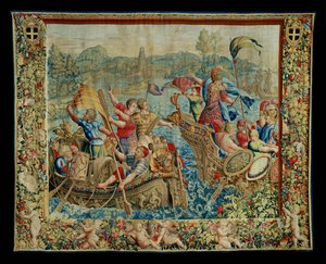 Historia Scypiona: Przybycie do Afryki, szósta część gobelinu, wełna i jedwab, gobelin ... autorstwa Giulio Romano