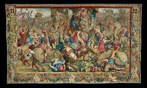 Historia Scypiona: Bitwa pod Zamą i pokonanie Hanibala, dziesiąty fragment gobelinu, wełna i jedwab, gobelin ... autorstwa Giulio Romano
