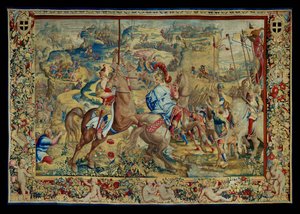 Historia Scypiona: Bitwa na płaskowyżu, czwarty fragment gobelinu, wełna i jedwab, gobelin ... autorstwa Giulio Romano