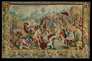 Historia Scypiona: Bitwa pod Ticino, pierwszy fragment gobelinu, wełna i jedwab, gobelin ... autorstwa Giulio Romano