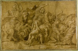 Menelaos trzymający ciało Patroklosa autorstwa Giulio Romano