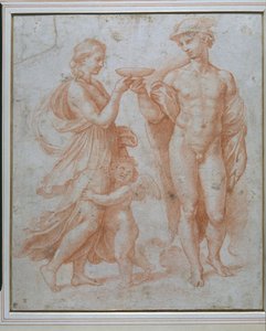 Merkury oferuje Psyche Kielich Nieśmiertelności (czerwona kreda na białym papierze) autorstwa Giulio Romano