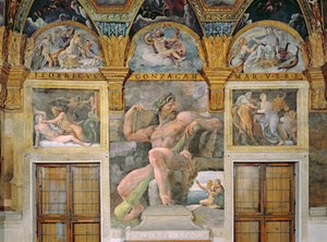 Olympia uwiedziona przez Jowisza, Polifem strzegący Acisa i Galatei, Pasiphae wchodząca do krowy skonstruowanej przez Dedala, z Sala di Amore e Psiche autorstwa Giulio Romano