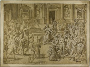 Papież Sylwester błogosławiący cesarza Konstantyna autorstwa Giulio Romano
