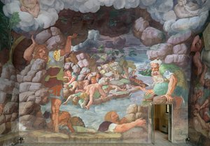 Sala dei Giganti, szczegół zniszczenia gigantów przez pioruny Jowisza, fragment fresku z 1536 r. z 78482 autorstwa Giulio Romano