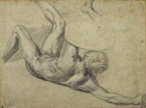 Studium dla wojownika poległego w „Bitwie o Konstantyn”, Sala di Costantino (kreda na papierze) autorstwa Giulio Romano
