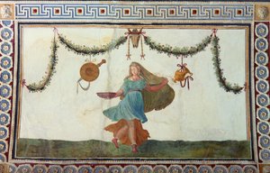 Camera con Fregio di Amorini Komnata Fryzu Kupidyna detal sufitu przedstawiający kobietę trzymającą misę, fresk z 1520 r. autorstwa Giulio Romano