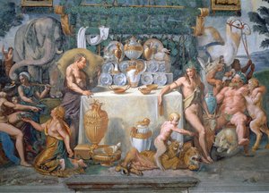 Szlachetny bankiet z okazji zaślubin Kupidyna i Psyche, szczegół ukazujący Dionizego i Sylena na prawo od stołu z zastawą obiadową, z Sala di Amore e Psiche, 1528