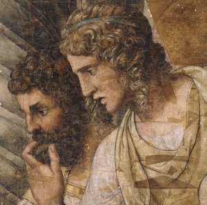 Dwóch mężczyzn, długość biustu, patrząc w dół: kreskówka do gobelinu, autorstwa Giulio Romano