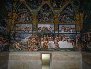 Uczta weselna lub bankiet bogów, fresk Giulio Romano (1499-1546), zachodnia ściana Komnaty Kupidyna i Psyche, Palazzo Te, Mantua (Lista Światowego Dziedzictwa UNESCO, 2008), Lombardia, Włochy autorstwa Giulio Romano