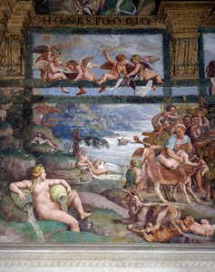 Uczta weselna lub bankiet bogów, fresk Giulio Romano (1499-1546), zachodnia ściana Komnaty Kupidyna i Psyche, Palazzo Te, Mantua (Lista Światowego Dziedzictwa UNESCO, 2008), Lombardia, Włochy autorstwa Giulio Romano
