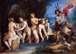 Diana i Akteon - Obraz Giuseppe Cesari (1568-1640), olej na miedzi, ok. 1604, 50x69 cm - Diana i Akteon, olej na miedzi Giuseppe Cesari - Muzeum Szepmuveszeti, Budapeszt