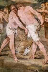 Romulus orka linię graniczną wokół przyszłego miasta Rzymu (szczegół) autorstwa Giuseppe Cesari