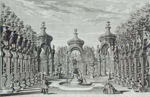 Projekt rozrywki w ogrodzie, z „Architectus Theatralis Primarius”, sztychowany przez Johanna Andreasa Pfeffela (1674-1748), opublikowany 1740 (rycina) autorstwa Giuseppe Bibiena