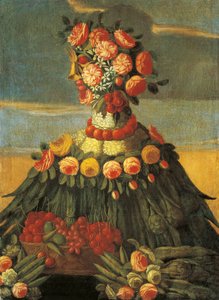 Włochy, Florencja, Wiosna, kosz wiśni z kwiatami autorstwa Giuseppe (follower of) Arcimboldo